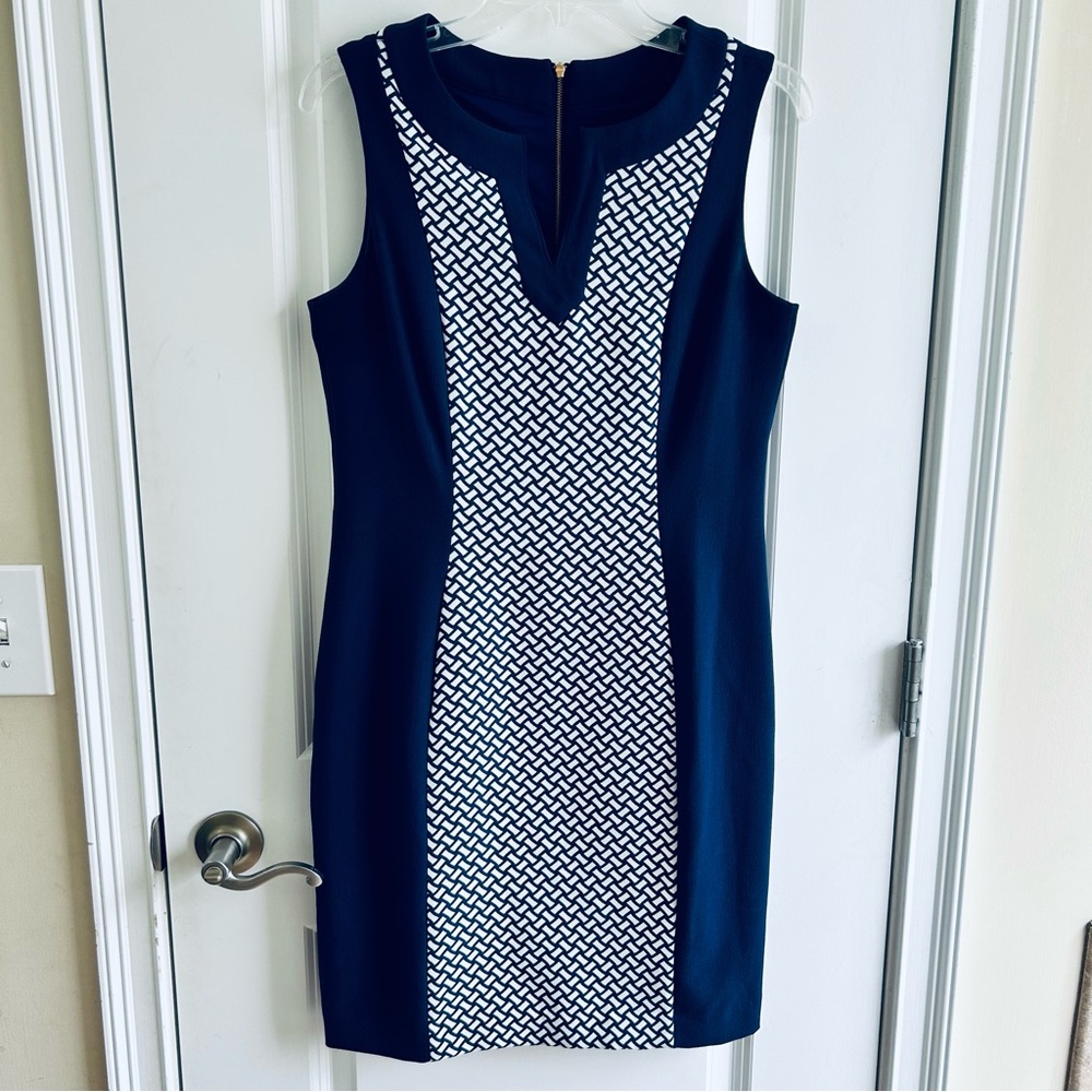 Tahari White and Blue Sleeveless Sheath Dress